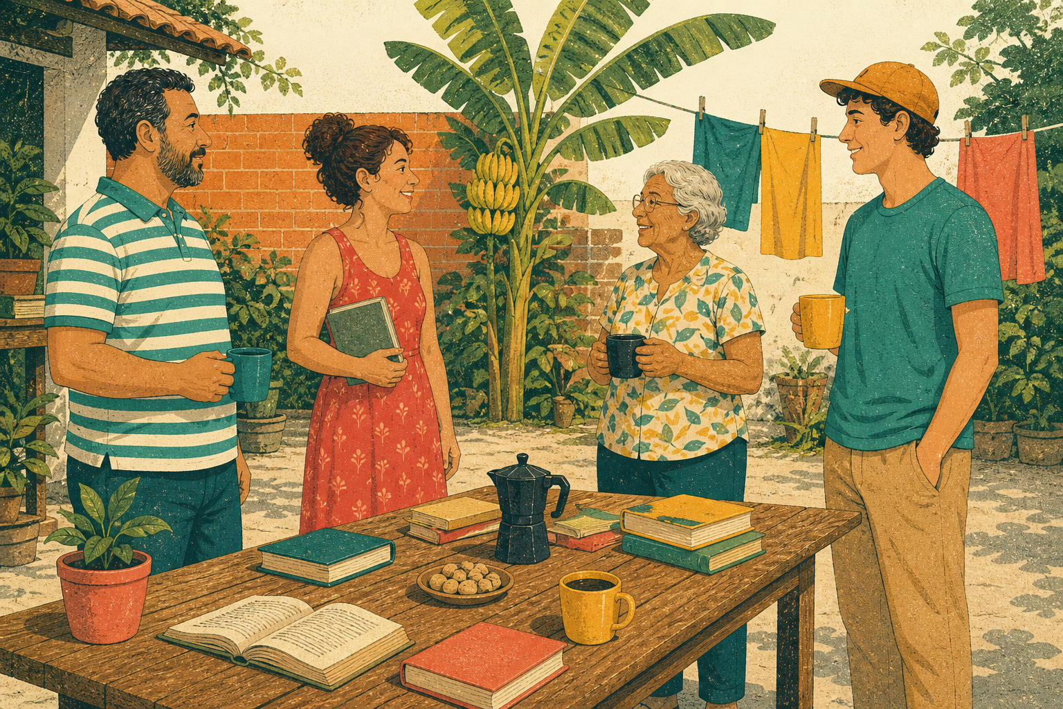 Ilustração: famílias brasileiras reunidas em um quintal com livros e conversa