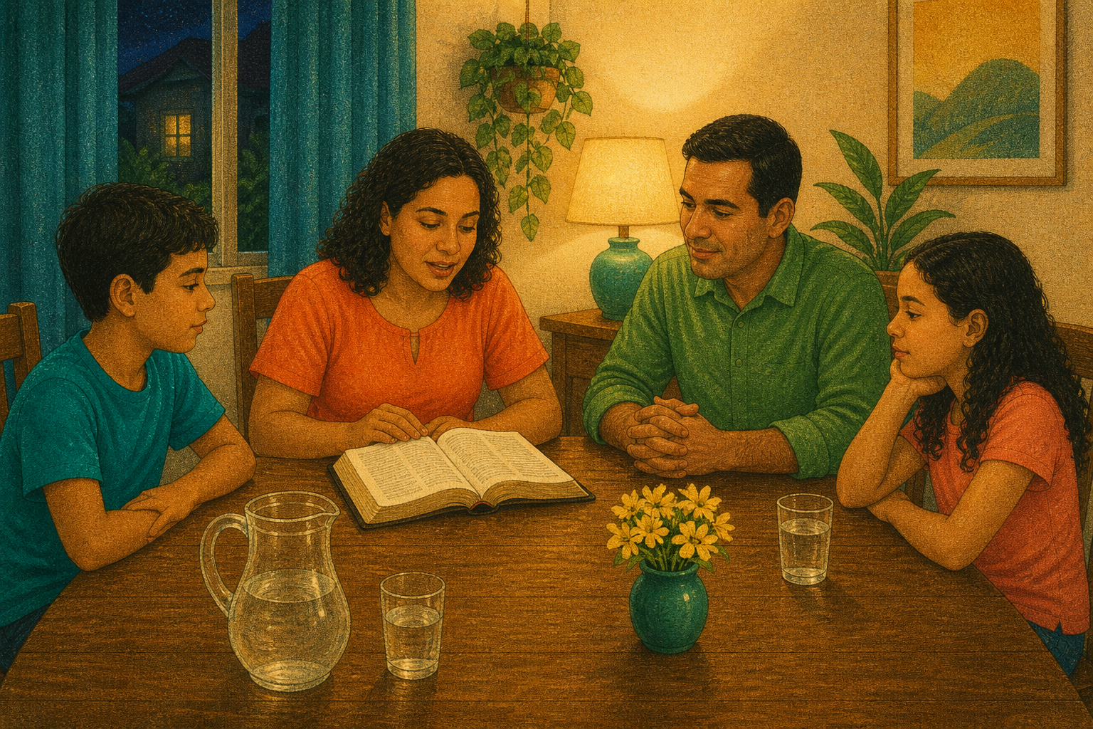 Ilustração: família reunida em casa para o Evangelho no Lar