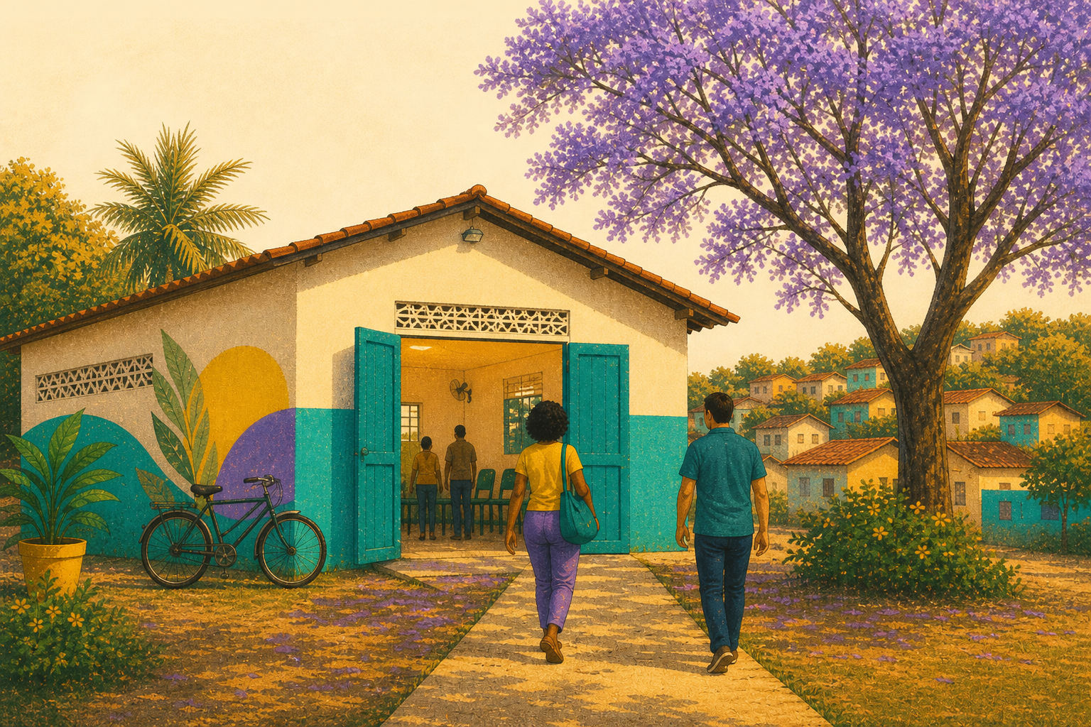 Ilustração: encontro comunitário em um salão de bairro