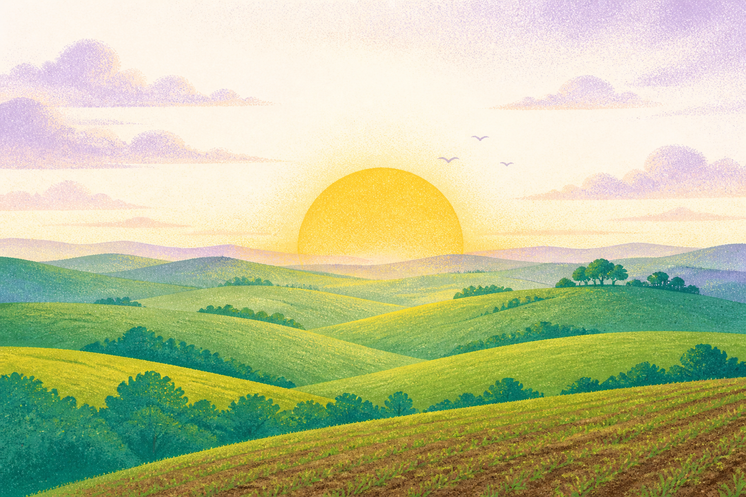 Ilustração: sol nascente no horizonte sobre colinas verdes