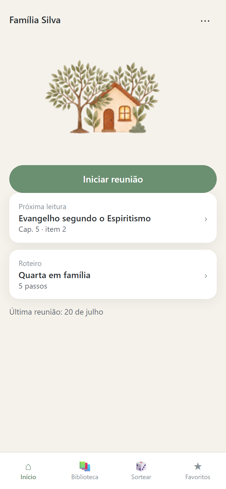 Tela inicial com próxima reunião e atalhos